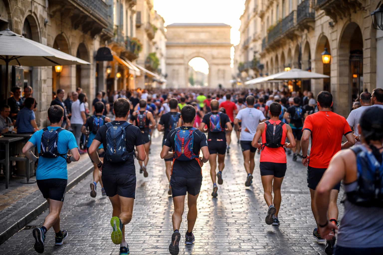 Groupe de coureurs participant à une course en ville dans une rue pavée bordée d’immeubles