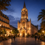 Église illuminée sur une place urbaine en soirée avec passants et éclairage public