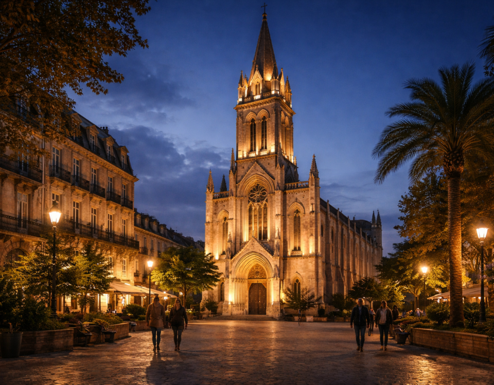 Église illuminée sur une place urbaine en soirée avec passants et éclairage public