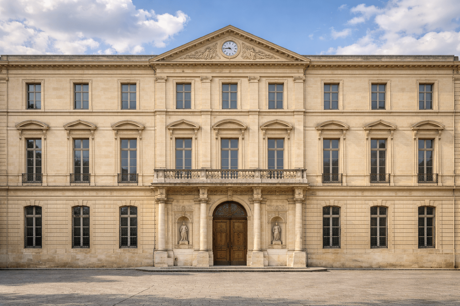 Façade symétrique d’un bâtiment institutionnel en pierre claire avec porte monumentale et horloge