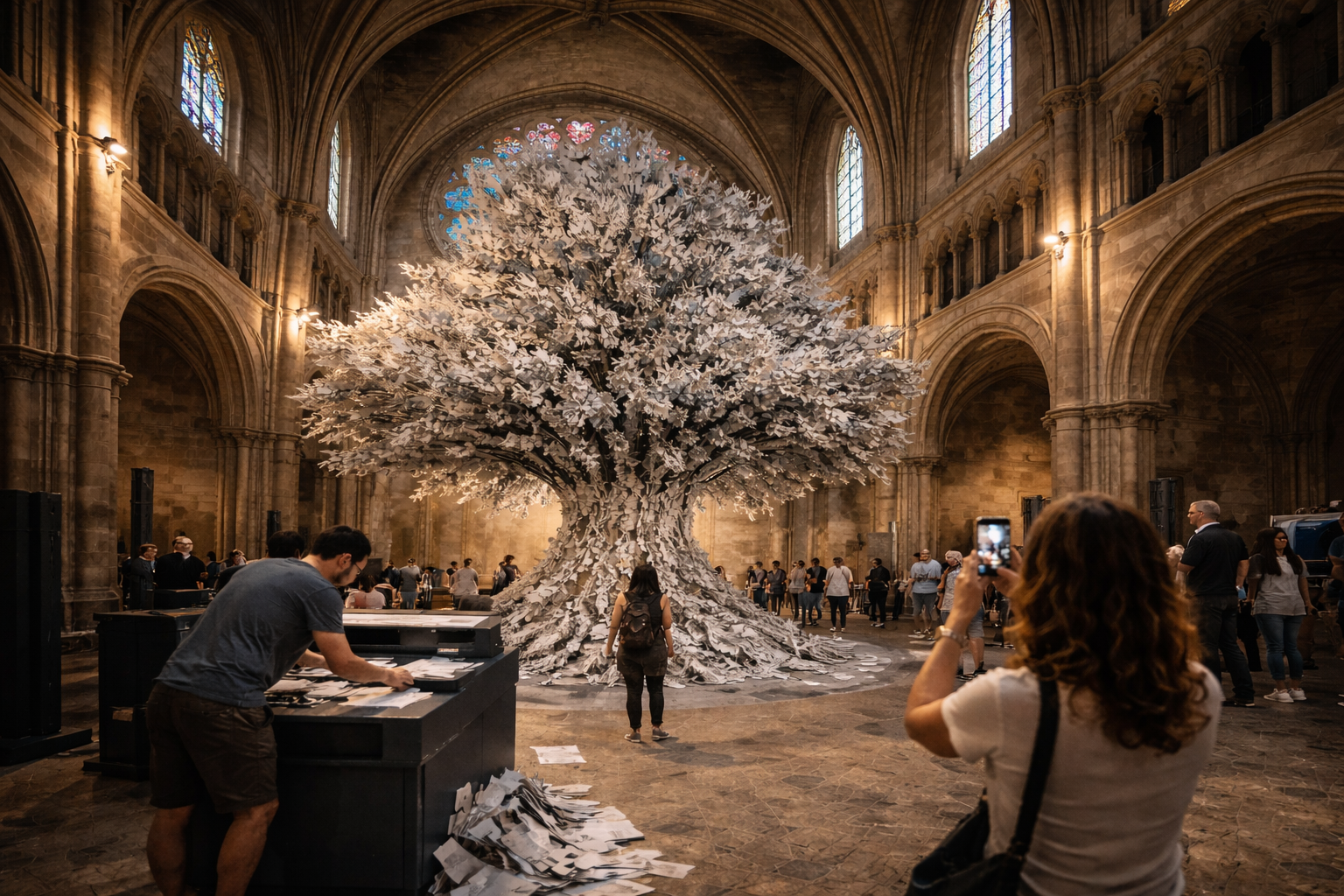 Installation artistique en forme d’arbre composée de feuilles de papier dans un grand espace intérieur historique