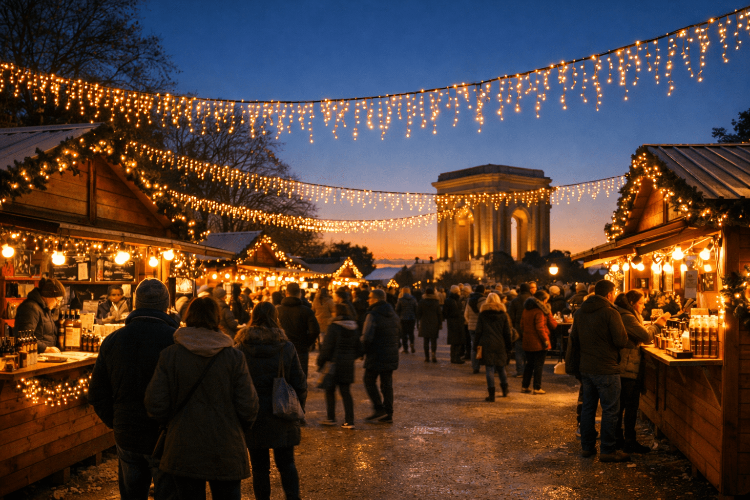 Marché de Noël animé en ville en soirée avec chalets en bois, guirlandes lumineuses et visiteurs