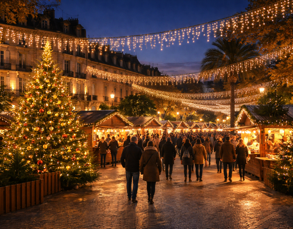 Allée animée d’un marché de Noël en ville avec guirlandes lumineuses et chalets en bois en soirée