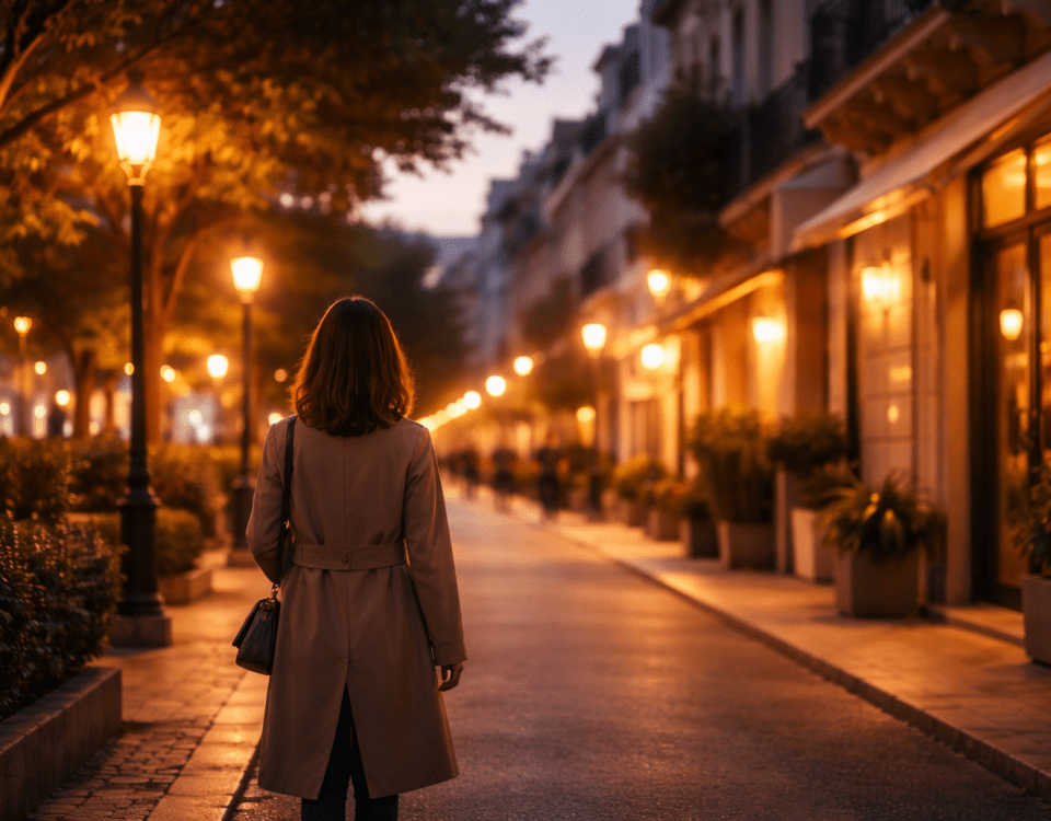 Personne marchant seule dans une rue élégante éclairée par des lampadaires en début de soirée