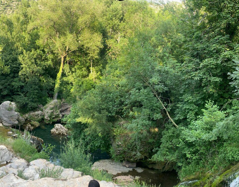 Cascade naturelle et rivière au cœur de gorges verdoyantes avec rochers et végétation dense
