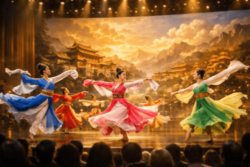 Danseuses en costumes traditionnels colorés se produisant sur scène lors d’un spectacle culturel.