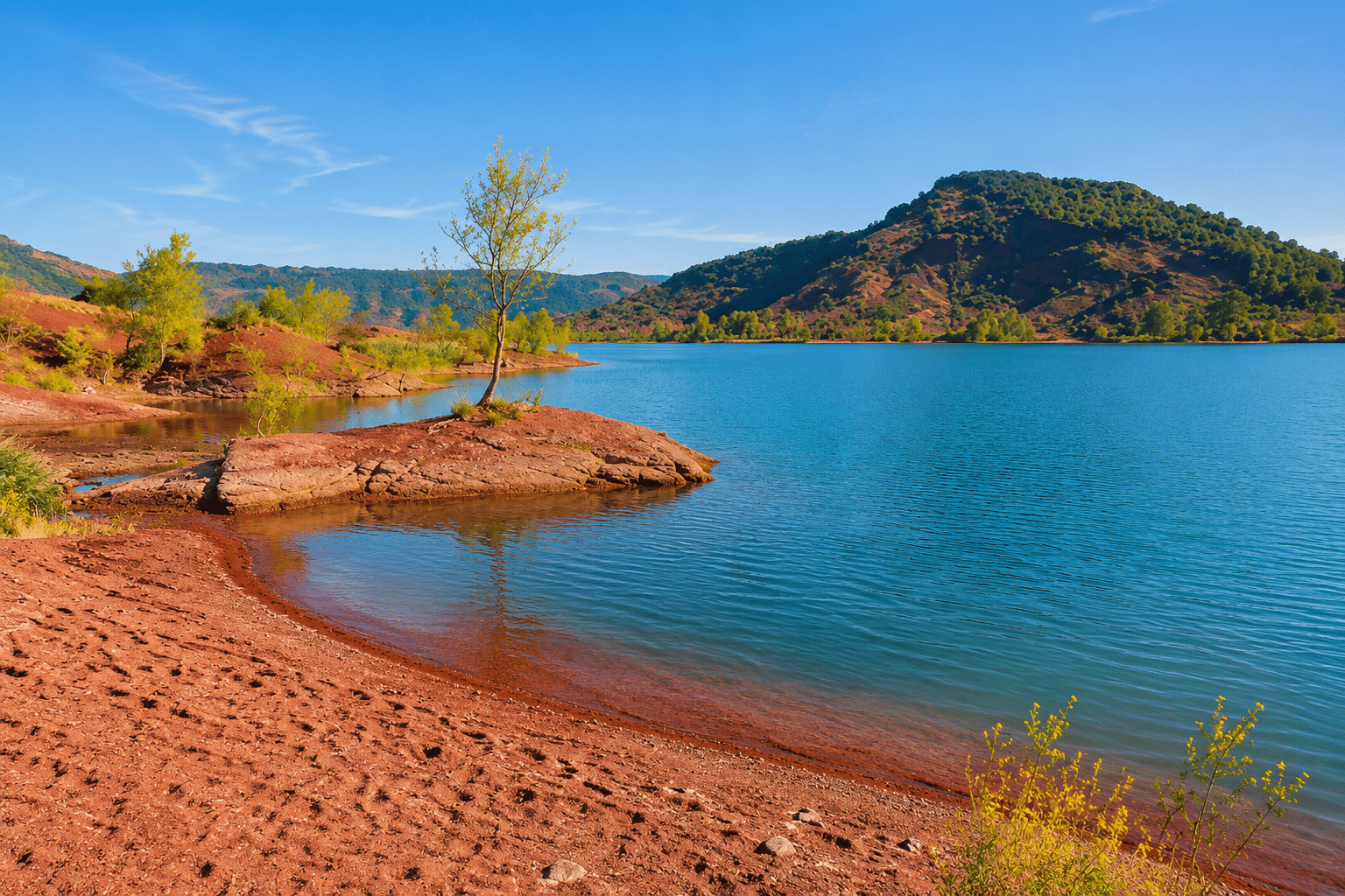 Vue panoramique du lac du Salagou avec ses terres rouges caractéristiques et ses eaux turquoise, dans l'Hérault près de Montpellier.