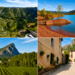 Collage des plus beaux lieux à visiter près de Montpellier avec le Cirque de Navacelles, le lac du Salagou, le Pic Saint-Loup et Saint-Guilhem-le-Désert.