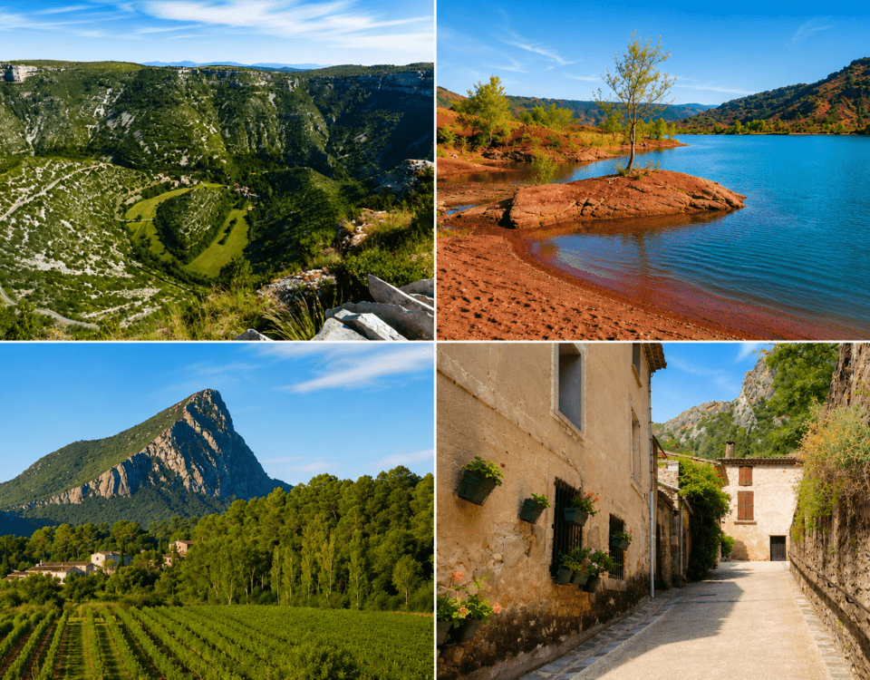 Collage des plus beaux lieux à visiter près de Montpellier avec le Cirque de Navacelles, le lac du Salagou, le Pic Saint-Loup et Saint-Guilhem-le-Désert.