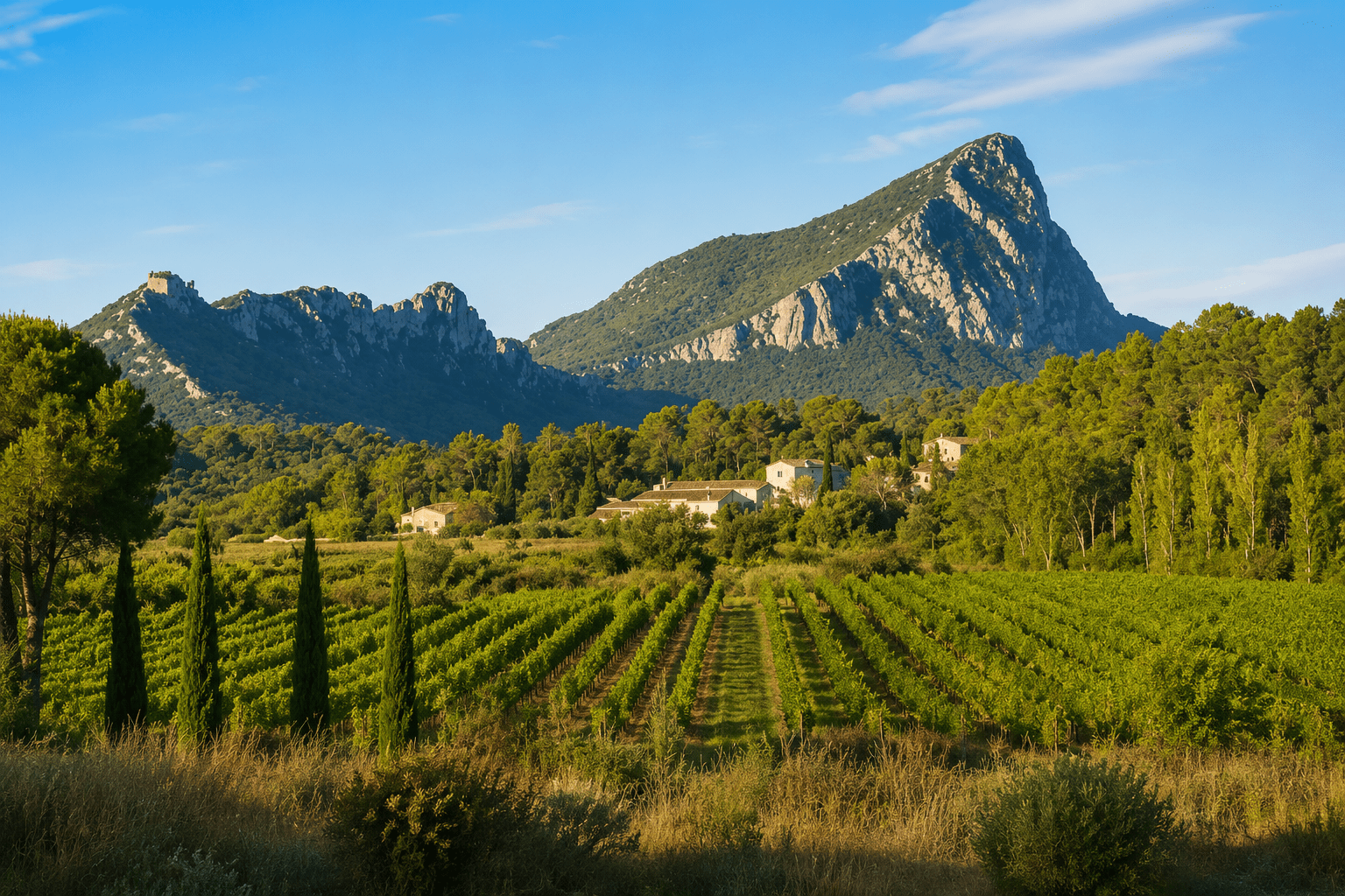 Panorama du Pic Saint-Loup et des vignobles environnants, site emblématique de l'arrière-pays montpelliérain.